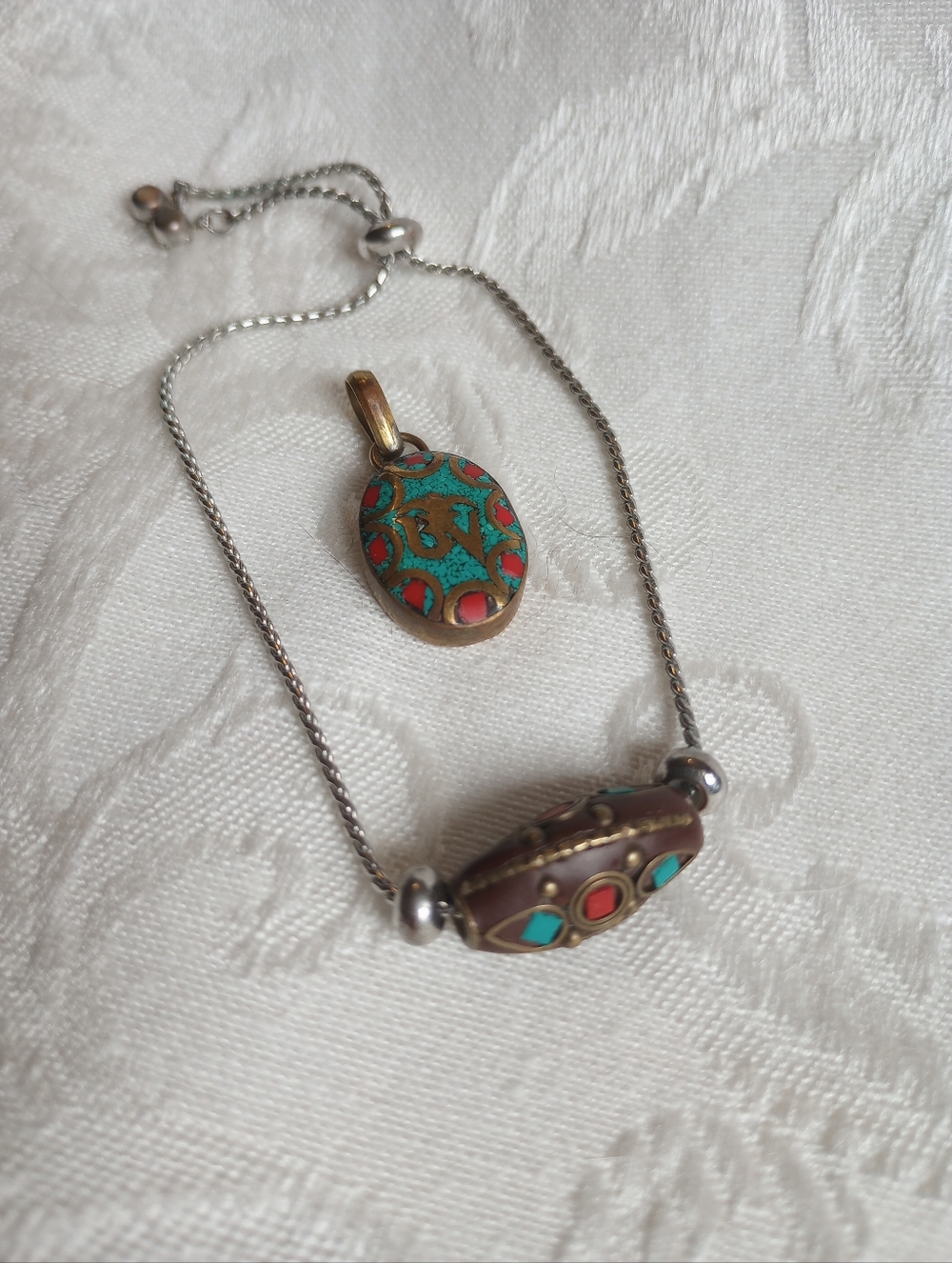 Om Composite Turquoise Brass Pendant Slide Clay Faux Turquoise Bead Bracelet Lot